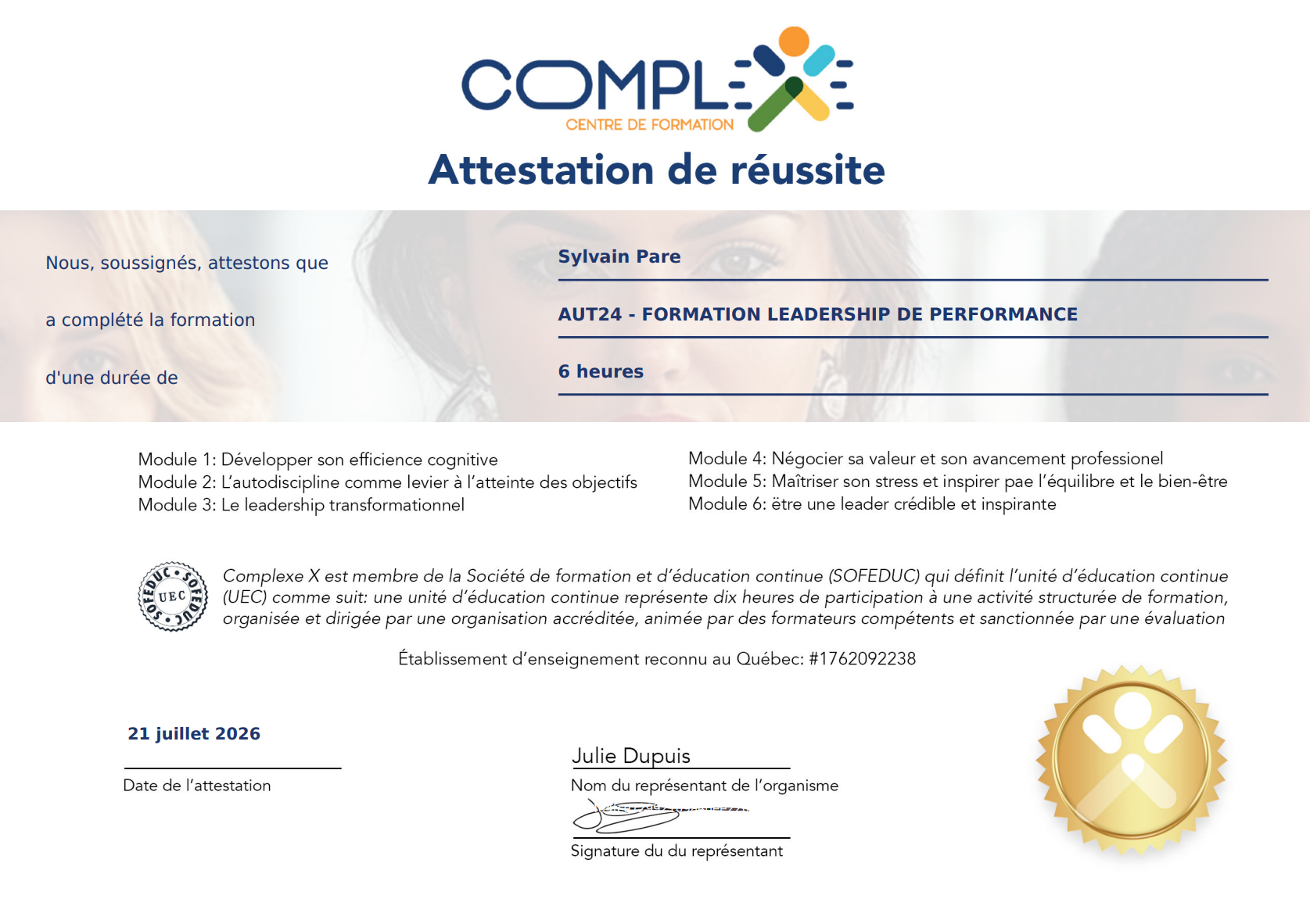 Attestation de réussite Compl'X — exemple de certificat délivré
