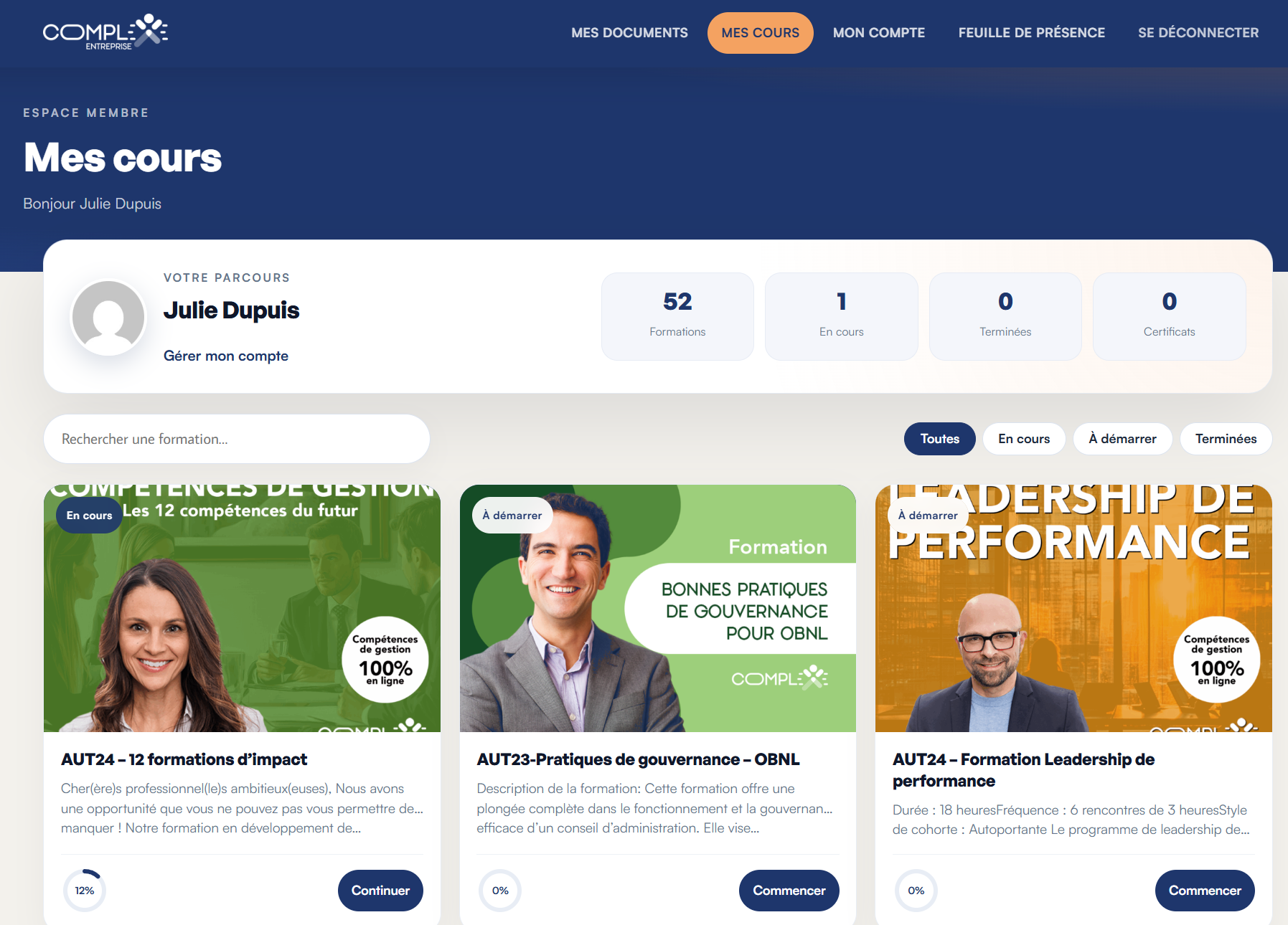 Tableau de bord Complx — suivi de progression, certificats et modules